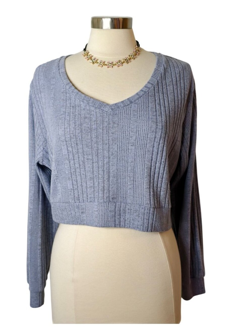 Dazy Womens XL Ribbed Knit Cropped Sweater Y2K Light Blue Pullover Preppy Sporty